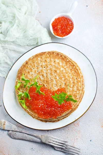 Pancakes Red Salmon Caviar Fried Pancakes — Stock Photo, Image