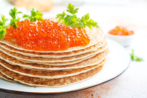 Pancakes Red Salmon Caviar Fried Pancakes — Stock Photo, Image