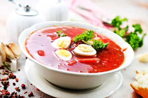 Traditioneller Ukrainischer Borschtsch Rote Rüben Suppe Mit Gekochten Eiern — Stockfoto