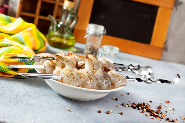 Camarões Frescos Placa Alimentos Dietéticos Frutos Mar — Fotografia de Stock