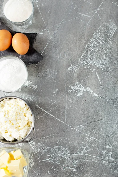 Fresh Ingredients Baking Cottage Cheese Milk Sugar Eggs Table — Stock Photo, Image