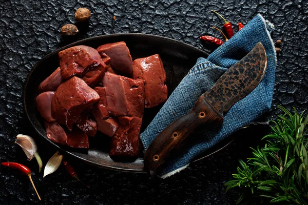 Foie Cru Sur Plaque Métallique Prêt Cuisiner Vue Dessus Plats — Photo