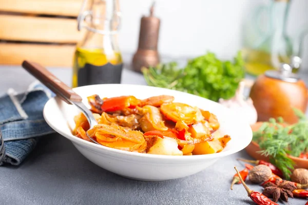 Fried Potato Carrot Onion Tonato Fried Vegetables — Stock Photo, Image