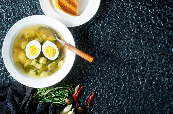 Овочевий Суп Курячим Яйцем Суп Зеленою Квасолею — стокове фото
