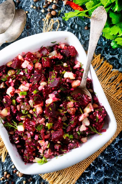 Ensalada Remolacha Con Pepino Nueces Ensalada Tazón —  Fotos de Stock