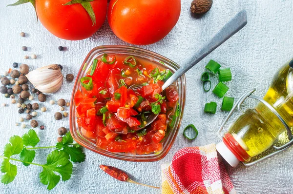 Salsa Tomate Salsa Tradicional Mexicana Con Ingredientes Para Hacer —  Fotos de Stock