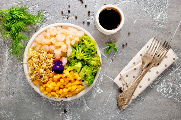 Ingredientes Asiáticos Para Salada Salada Com Camarões Brotos — Fotografia de Stock