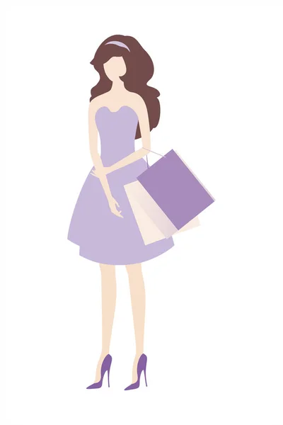 Элегантная Молодая Женщина Светлом Фиолетовом Платье Сумками Векторная Eps Cmyk — стоковый вектор