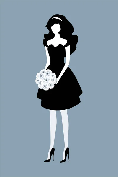 Elegant Young Woman Black Dress Holding Bouquet Gray Background Vector — Stock Vector