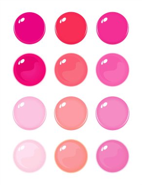 Simge bottons beyaz izole Illustration. Kırmızı, pembe renkli Etiketler, 12 bottons kümesi. Mezuniyet renk. Cam toplar. Vektör