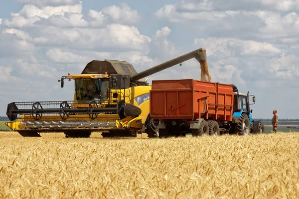 Kharkiv Region Ukraine July 2018 Combine Harvester Load Wheat Truck — Stock Photo, Image