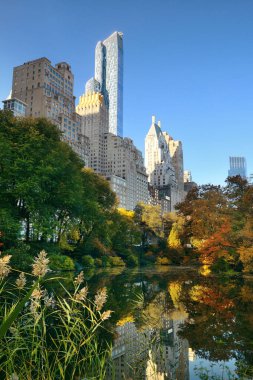 Central Park 'ta sabah güneşiyle ve New York' ta sonbaharda gökdelenlerle.