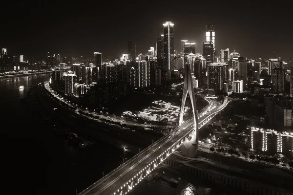 Luftaufnahme Der Brücke Und Der Städtischen Architektur Bei Nacht Chongqing — Stockfoto