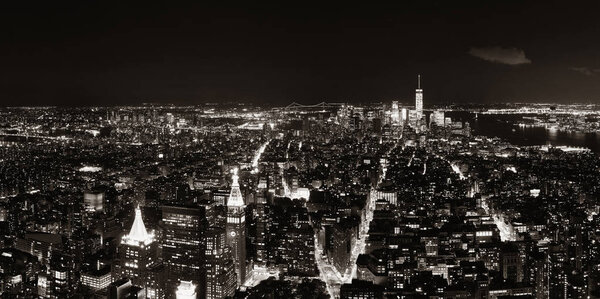 New York City downtown skyline panoramic night view.