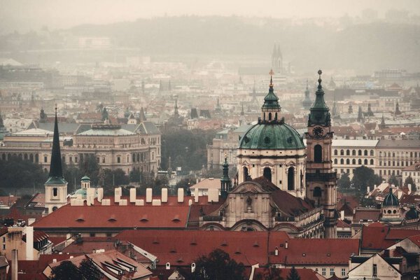 Prague rooftop view with historical buildings in Czech Republic.