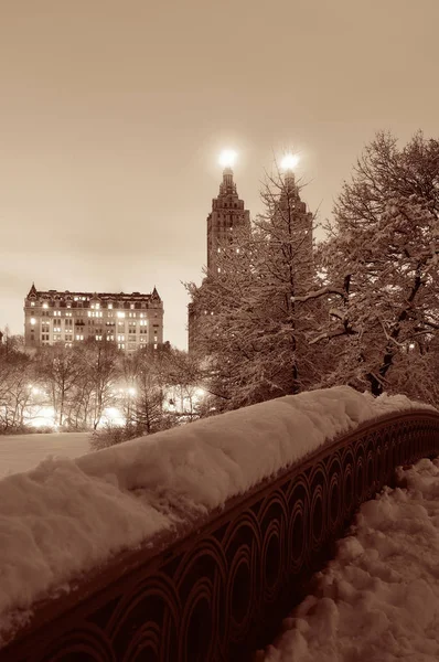 Central Park Winter Mit Wolkenkratzern Und Bogenbrücke Midtown Manhattan New — Stockfoto