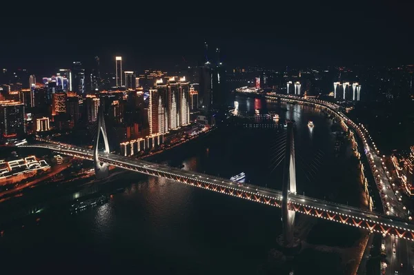 Luftaufnahme Der Brücke Und Der Städtischen Architektur Bei Nacht Chongqing — Stockfoto