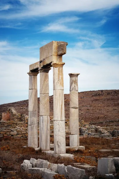 Pilaren Historische Ruïnes Delos Eiland Bij Mikonos Griekenland — Stockfoto