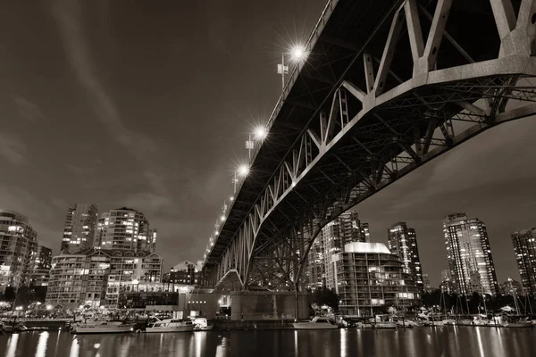 Vancouver False Creek Nuit Avec Pont Bateaux — Photo