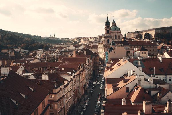 Prague rooftop view with church and dome in Czech Republic.