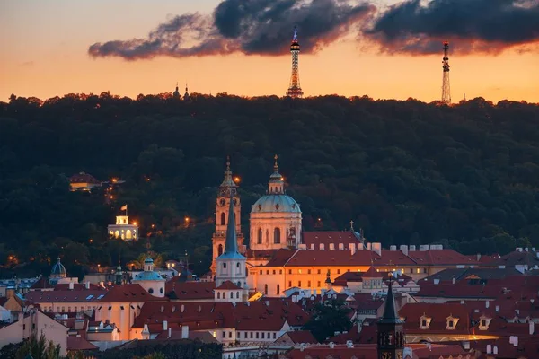 Prag Utsikt Med Kyrkan Och Kupolen Tjeckien Natten — Stockfoto