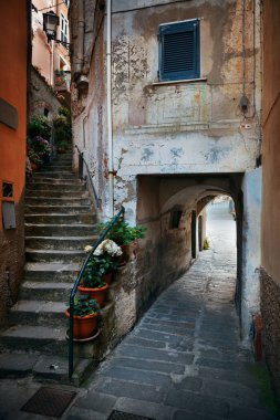 Cinque Terre, İtalya 'da tipik Riomaggiore sokak manzarası.