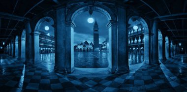 Koridor gece panorama görüntülemek, Piazza San Marco Venedik, İtalya.
