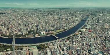 Tokyo şehir silueti çatısı manzaralı nehir, Japonya.