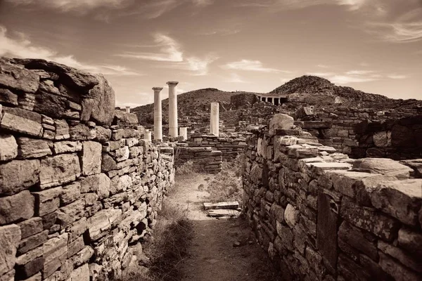 Piliers Ruines Historiques Dans Île Delos Près Mikonos Grèce — Photo