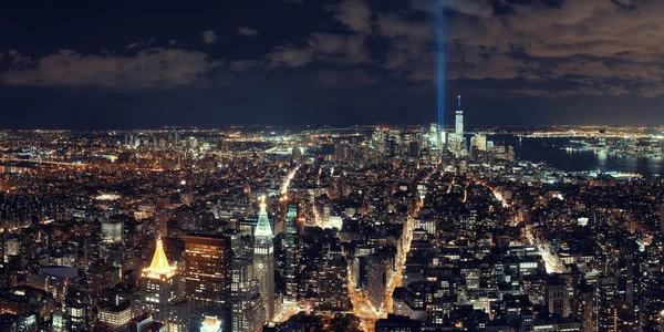 New York City Downtown Skyline Panorama Night View September Tribute — Stock Photo, Image