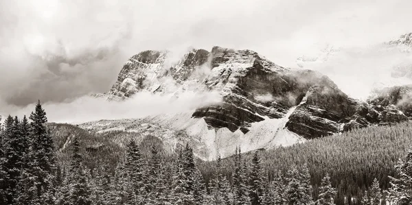 Panorama Jeziora Bow Pokrytą Śniegiem Górą Lasem Parku Narodowym Banff — Zdjęcie stockowe