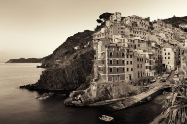 İtalya Cinque Terre 'de siyah beyaz binalarla Riomaggiore liman manzarası.