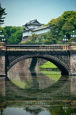 Nehir üzerinde köprüsü olan Tokyo İmparatorluk Sarayı. Japonya.