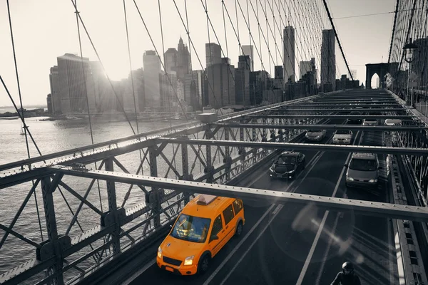 Panoramic View New York City Skyline Skyscrapers Car Brooklyn Bridge — Stock Photo, Image