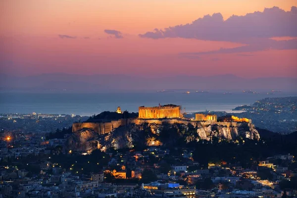 Atény Panorama Západ Slunce Pohled Lykavitos Acropolis Řecko — Stock fotografie