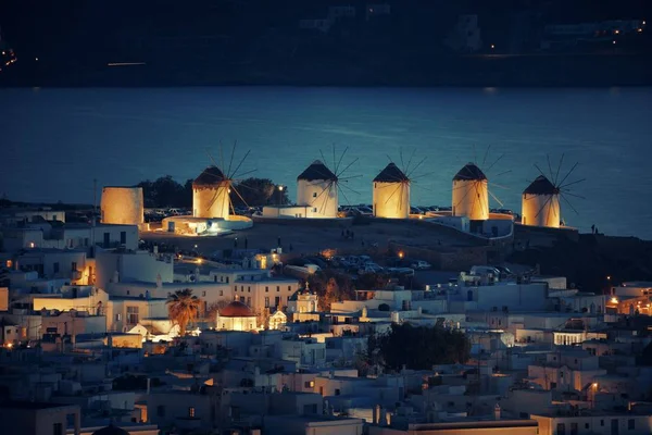 Windmill Bay Famous Landmark Night Mykonos Island Greece — Stock Photo, Image