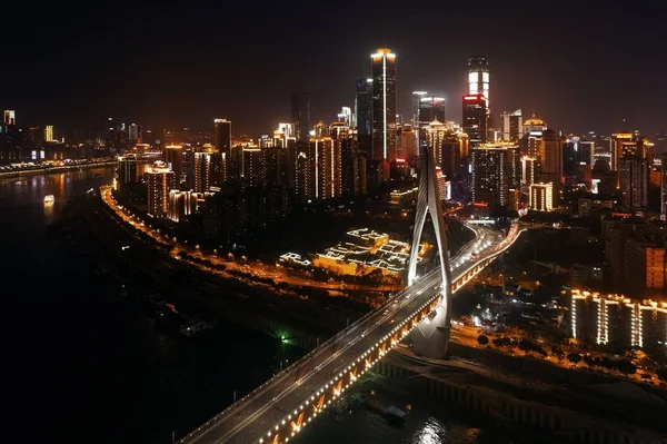 Vue Aérienne Pont Architecture Urbaine Ville Nuit Chongqing Chine — Photo