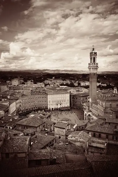 歴史的建造物と市庁舎の鐘塔 イタリア中世の町シエナのスカイラインのパノラマ ビュー — ストック写真