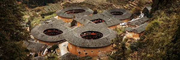 Letecké Panorama Pohled Tulou Jedinečné Obydlí Hakka Fujian Čína — Stock fotografie