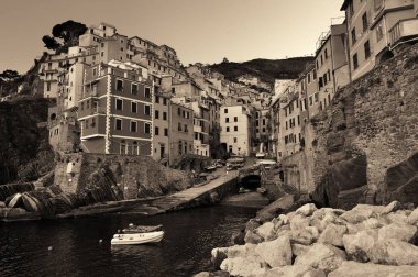 İtalya Cinque Terre 'de siyah beyaz binalarla Riomaggiore liman manzarası.