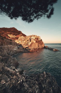Manarola doğal görünümünü Cinque Terre, İtalya uçuruma binaları ile Akdeniz kıyısında