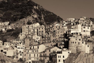 İtalya 'nın Cinque Terre kentindeki Manarola uçurumunda İtalyan tarzı yerleşik binalar..