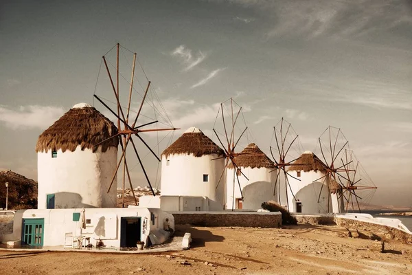 Szélmalmok Híres Mérföldkő Mykonos Görögország — Stock Fotó