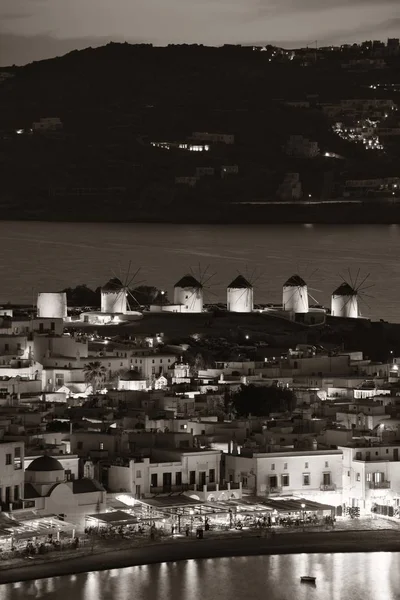 Yel Değirmeni Bay Mikonos Adası Yunanistan Gece Ünlü Dönüm Noktası — Stok fotoğraf