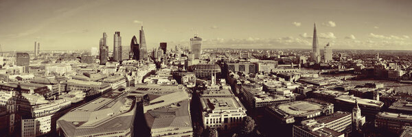 London city rooftop view panorama in black and white with urban architecture.
