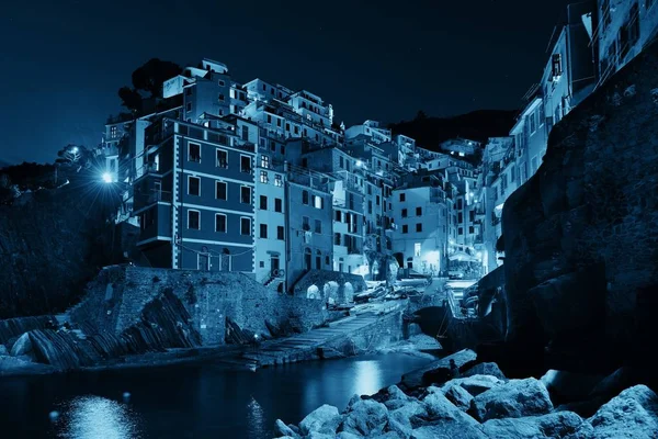 Riomaggiore Uitzicht Het Water Met Gebouwen Cinque Terre Nachts Italië — Stockfoto