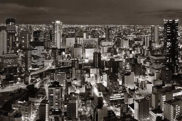 Panoramic view of Osaka urban city at night, Japan