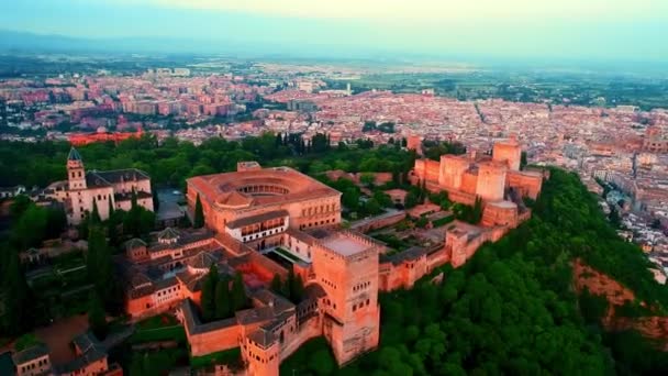 Luchtfoto Van Het Alhambra Bij Zonsopgang Granada Spanje — Stockvideo