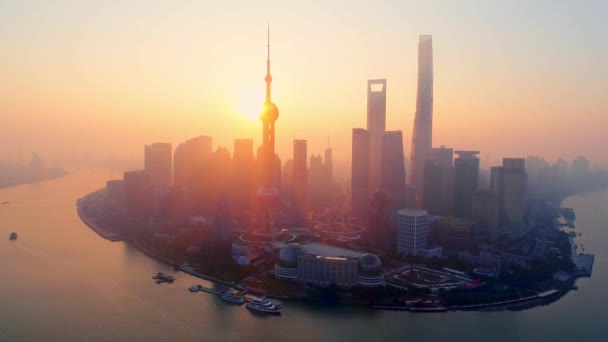 Shanghai Sunrise Flygfoto Med Skyskrapor Kina — Stockvideo