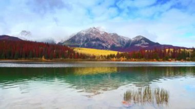 Patricia Gölü su manzaralı renkli sonbahar yaprakları ve kar dağ Jasper National Park Kanada'da ile.